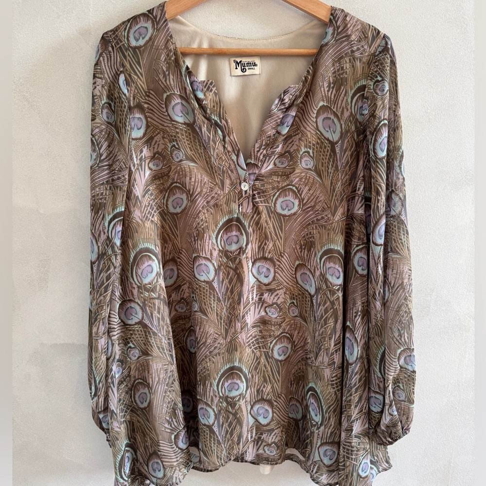 Show Me Your MuMu - Tan Peacock Feather Tunic Blouse - Size Small